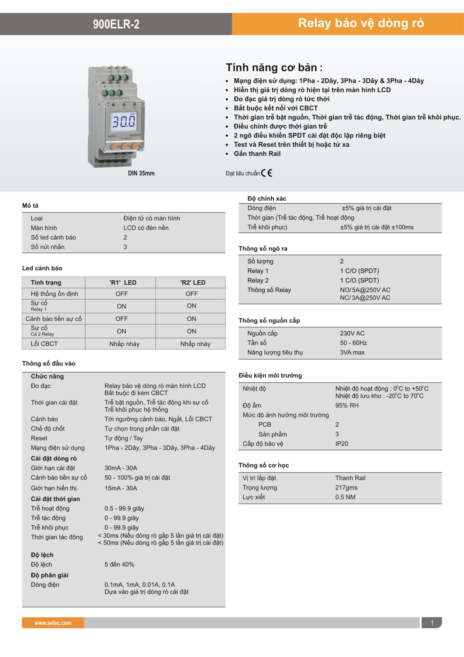 thông số kỹ thuật relay bảo vệ dòng rò